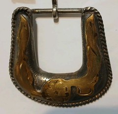Vtg Alpaca Mexico Western Belt Buckle Keeper Set Floral Mixed Metal 1&Prime; Bar