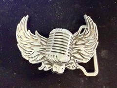Retro Microphone Flying Mic & Wings Rock Music Silver Color Cutout Belt Buckle