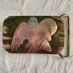 Vintage Handmade Mixed Metal Brass Copper Eagle Inlay Stone Belt Buckle Signed