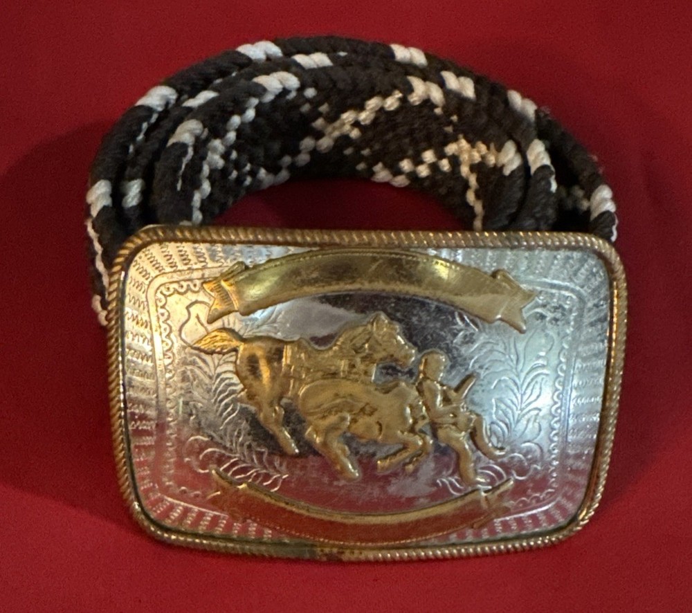 Vintage Nickel Silver Brass Rodeo Calf Roping Cowboy Western Trophy Belt Buckle