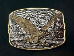Vintage Soaring Patriotic USA Eagle Hawk w/ Mountains Belt Buckle 3.5” x 2.5”