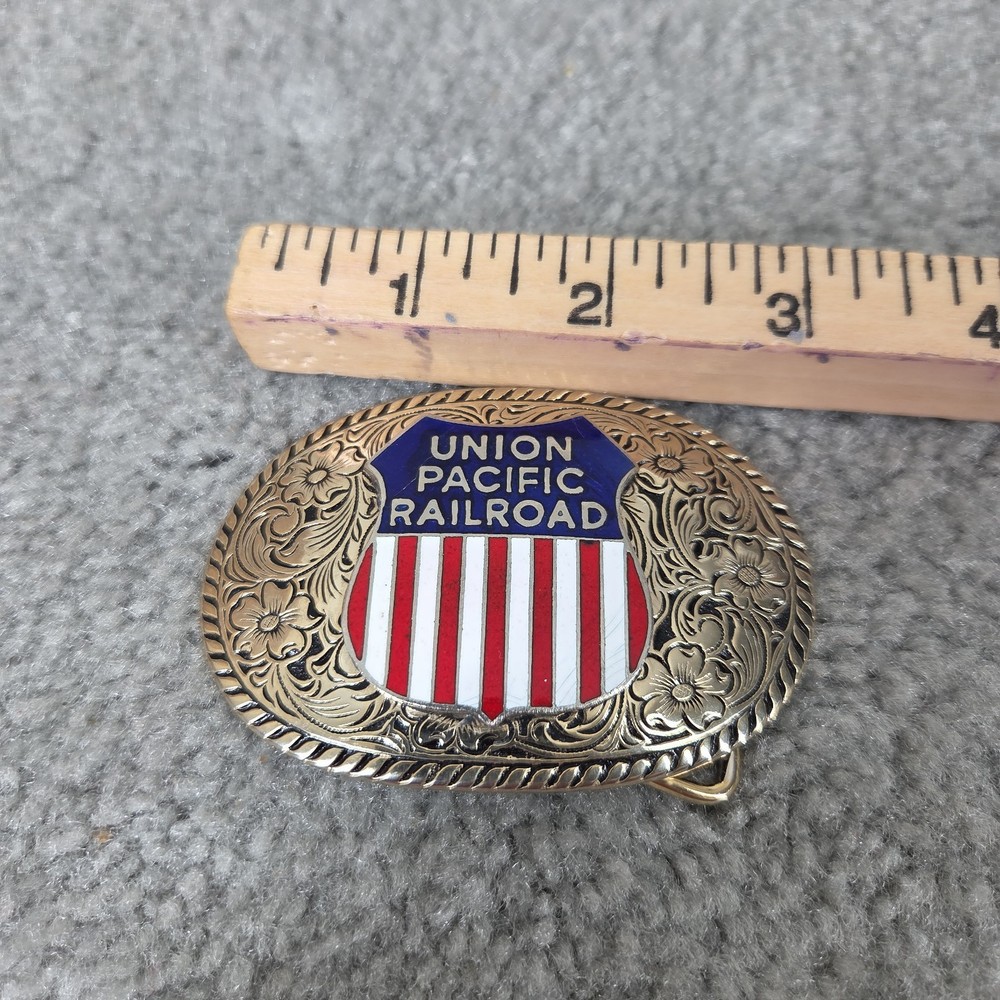 Union Pacific Railroad Belt Buckle Mens Silver Enamel Western Train Logo