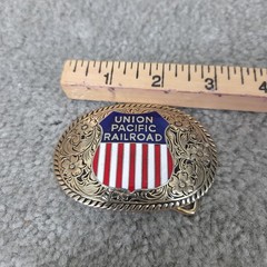 Union Pacific Railroad Belt Buckle Mens Silver Enamel Western Train Logo