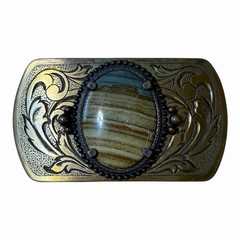 Vintage Agate Gemstone Belt Buckle Floral Design Western Cowboy Metal