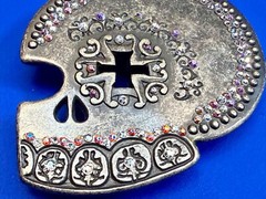 Skull Heads Cross with Rhinestone Accents Gothic Punk Biker ENMON Belt Buckle