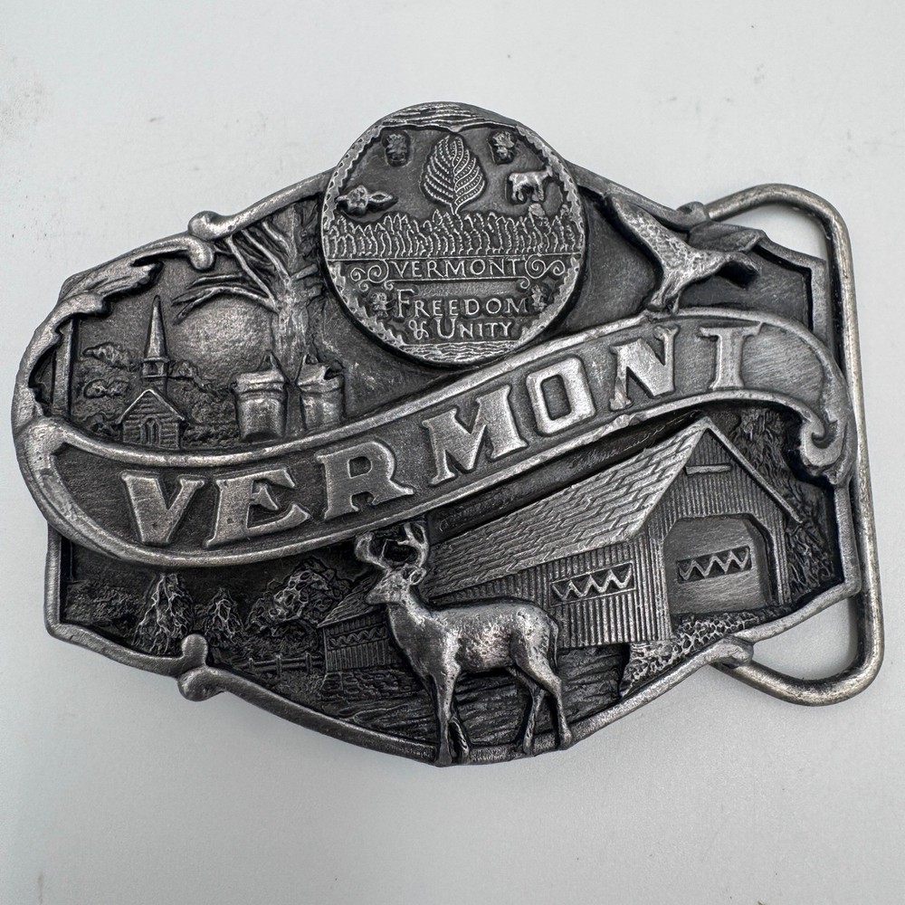 Vintage 1986 Siskiyou Vermont State Belt Buckle T-55 Freedom & Unity Made in USA