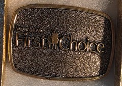 Vintage 1983 Metal Belt Buckle, Brass, Weyerhaeuser, First Choice, Lumber, Nice