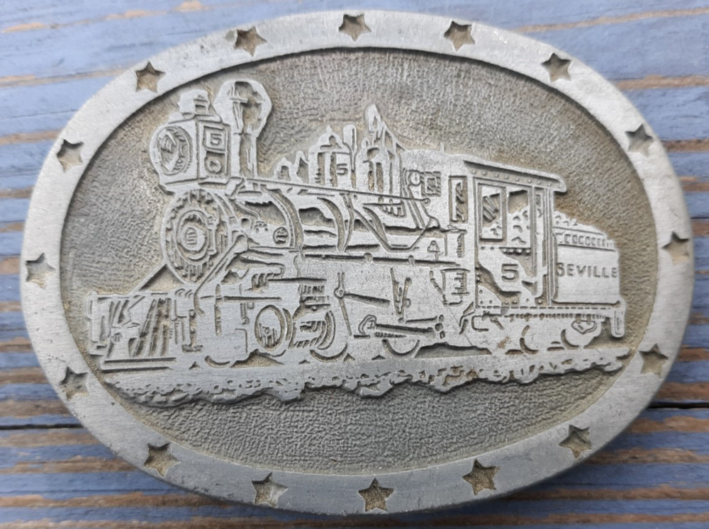 belt buckle oval Daleco Mfg. Seville steam locomotive train engine 3.25&Prime; long