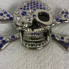 Belt Buckle Skull With Crossbones Blue Clear Rhinestones New No Tags