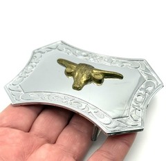 Long Horn Steer Silver Plated Belt Buckle Western ** Light Wear
