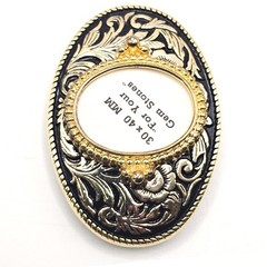 Western Floral Belt Buckle Gold Black Oval 30x40mm Gemstone Setting Made in USA
