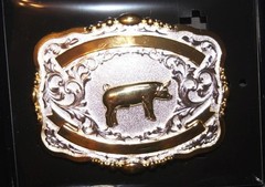 Lightning Ridge Crumrine Western Belt Buckle Trophy Pig 2 Ribbons 38448