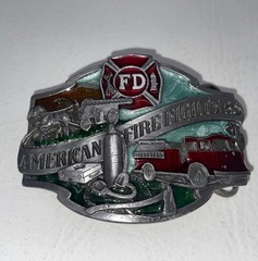American Fire Fighter Belt Buckle SiskiYou 1988 Made in USA Fire Engine Pewter