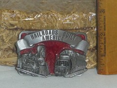 Railroads Built America 3×2.25in Locomotives enameled pewter buckle Made in USA