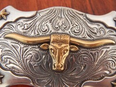 Silver Tone Metal Belt Buckle, Gold Tone Long Horn Steer Image SHIPS FREE
