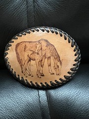 Vintage Hand Tooled Leather Horse Belt Buckle Western Oval Cowboy Foal Mare