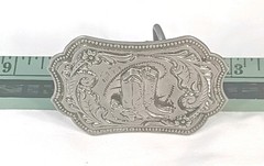 Vintage Western Silver Tone Belt Buckle Engraved Cowboy Saddle Motif 1-1/2&Prime; Belt