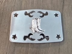 Vintage Silver Tone Cowboy Boots Spurs Belt Buckle With Cutout Pattern & Stars