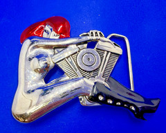 Woman Hugging V-Twin Engine with Red Enamel Hair Novelty Figural Belt Buckle