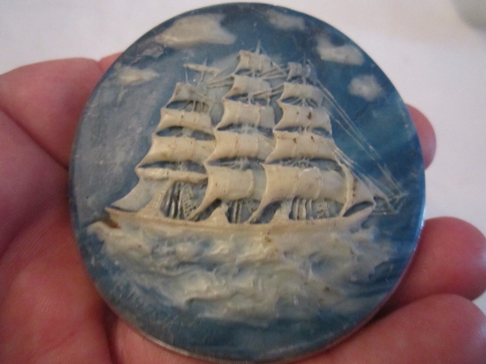 VINTAGE CARVED SOAP STONE? OLD SAILBOAT BELT BUCKLE – 3&Prime; X 3&Prime; – GW10