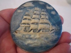VINTAGE CARVED SOAP STONE? OLD SAILBOAT BELT BUCKLE – 3&Prime; X 3&Prime; – GW10