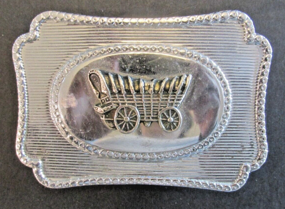 VTG Metal Wagon Belt Buckle Cowboy Western Silver Tone