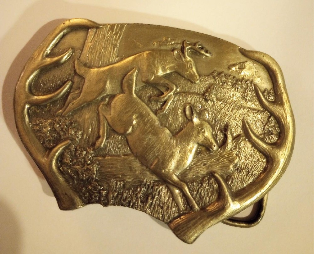 Vintage Brass Belt Buckle Bergamot Deer Antler Frame with Bounding Deer Scene