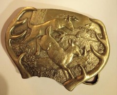 Vintage Brass Belt Buckle Bergamot Deer Antler Frame with Bounding Deer Scene