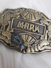 Vintage 1970s Belt Buckle Marked MIKE Oden Western Style Scalloped Edge Brass