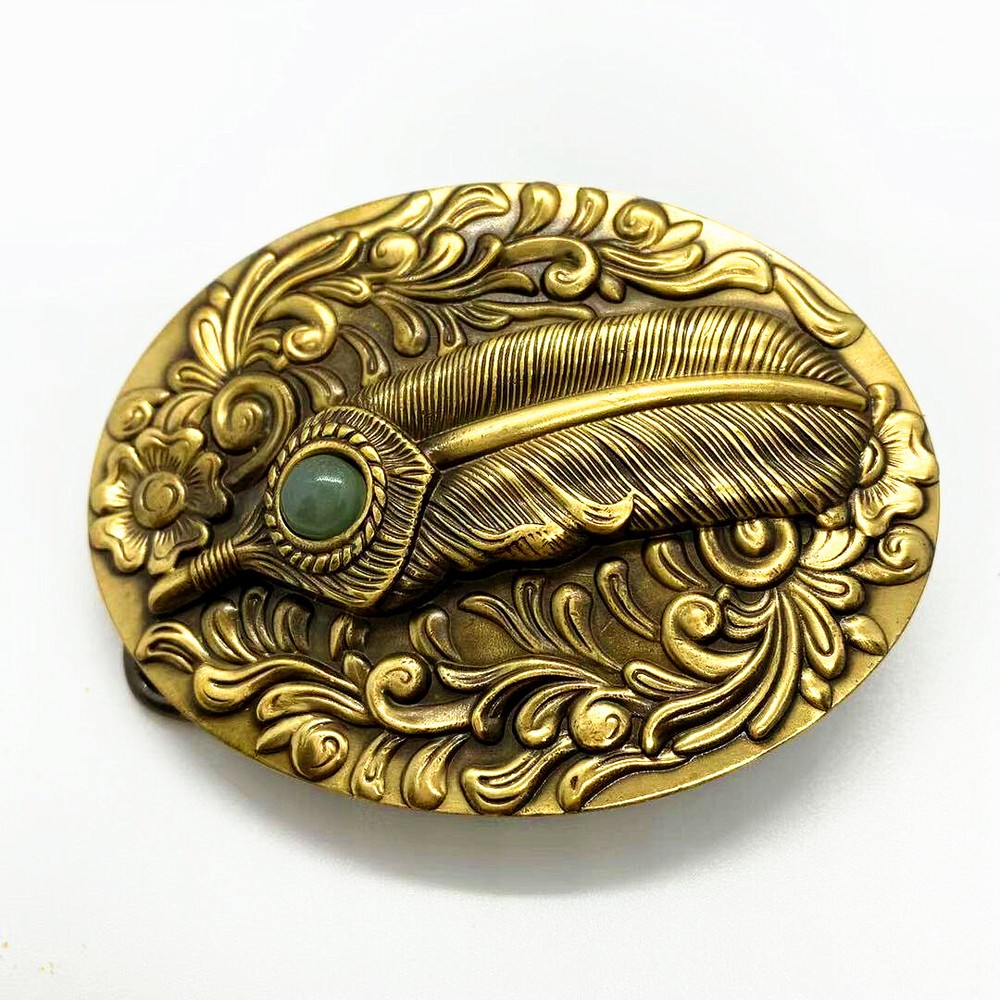 Feather & Jade Solid Brass Belt Buckle Western Cowboy Boucle Vintage Antique