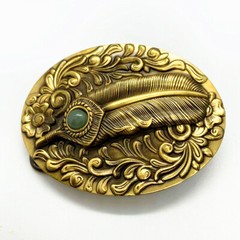 Feather & Jade Solid Brass Belt Buckle Western Cowboy Boucle Vintage Antique