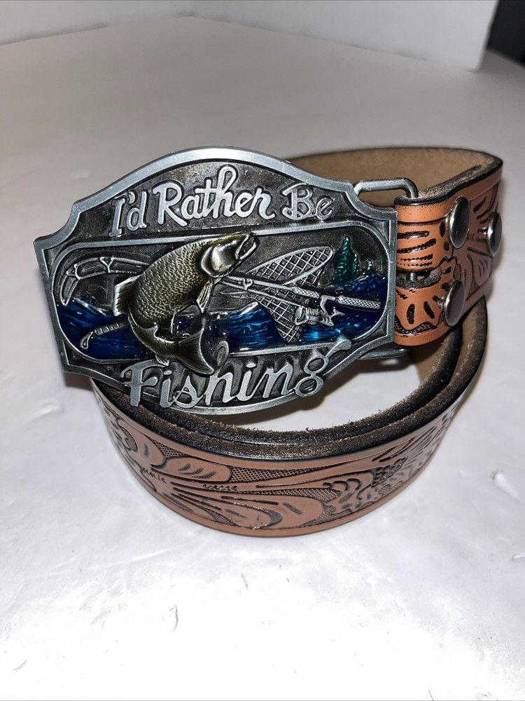 I&rsquo;d Rather Be Fishing Belt Buckle Silver Enamel Inlay With Brown Leather Belt 32