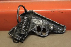 BERGAMOT BRASS WORKS Silver Tone Pistol Gun Belt Buckle 3&Prime; x 2&Prime; Vtg 1979 N-156
