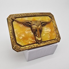 Vintage Western Longhorn Steer Belt Buckle Gold Tone Faux Marble Cowboy Rodeo