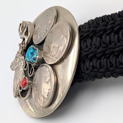 VTG Southwest Belt Buckle Elk Buffalo Nickel Blue Red Stones Sz 36/Large Signed