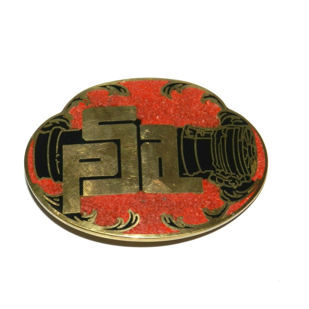 VINTAGE PSA ENGINES BRASS AND RED TURQUOISE DYNABUCKLE BELT BUCKLE VERY RARE!