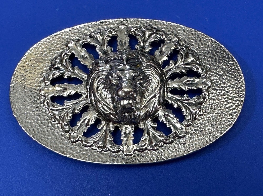 Lions Head Bust Raised Silver Tone See Through Vintage Oval Belt Buckle