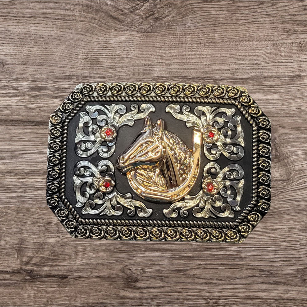 Cowboy Belt Buckle For Men Horse Head/Horse Shoe 4.25&Prime;x3&Prime; Gold Tone/Silver/Black