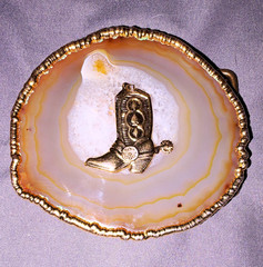 Vintage Agate Slice Belt Buckle Gold Tone Cowboy Western Boot Spur Geode Rock