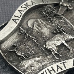 VTG 1981 Alaska Belt Buckle Wildlife Deer Eagle Mountain Western Bergamot Brass