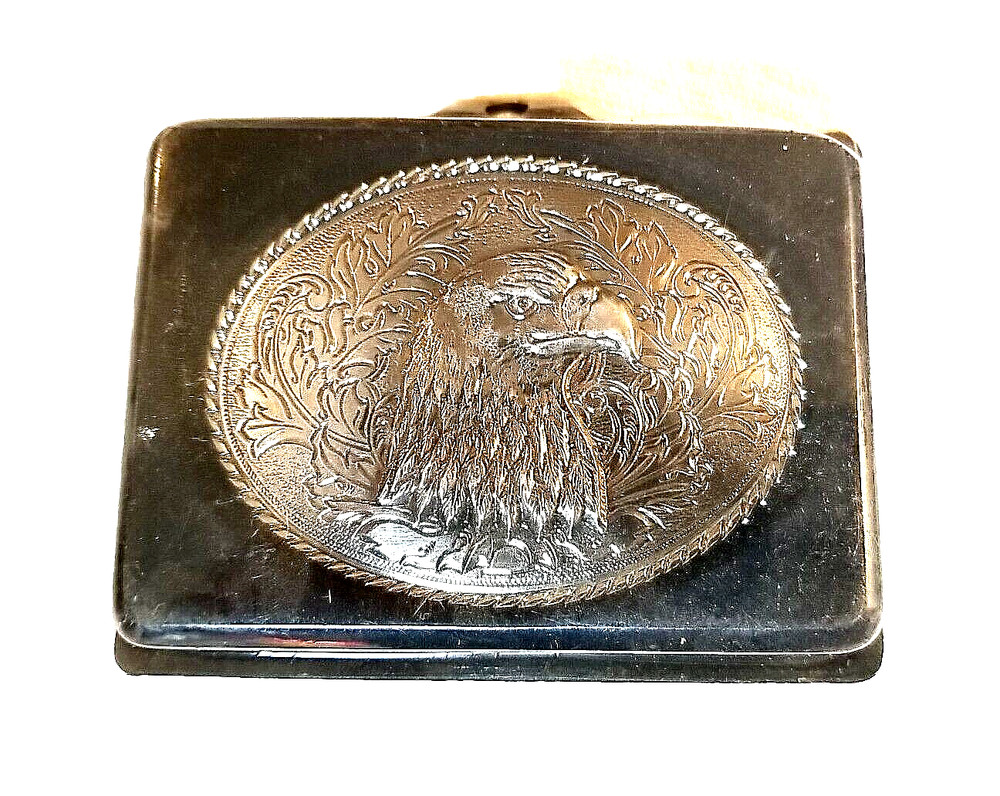 EAGLE HEAD Belt BUCKLE 3 5/8&Prime;x2 3/4&Prime; Silver Metal w Rope Edge Western/Biker/USA