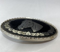 Bridled Horse Head Oval Belt Buckle Black Silver Equestrian Made in USA