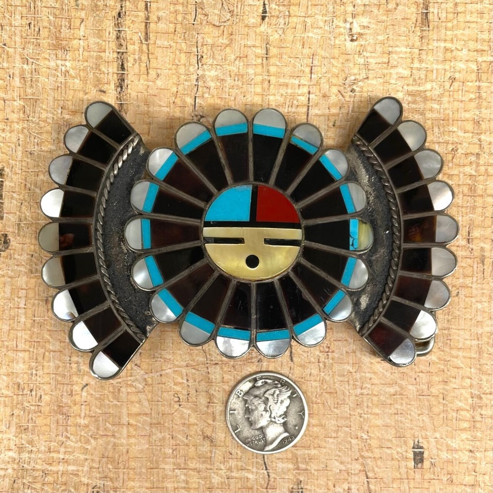 Sterling Silver Zuni Sunface Inlay Belt Buckle–36g