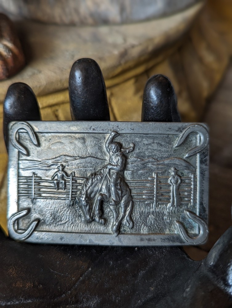 Vintage Justin Belts Belt Buckle Bronc Busting Horse Cowboy Rodeo Fort Worth TX