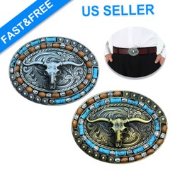 Belt Buckle Men Women Western Cowboy Turquoise Cow Skull Longhorn Belt Buckle US