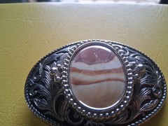 Vintage Western Oval Belt Buckle Silver Tone w/ Agate Stone Cowboy Rodeo