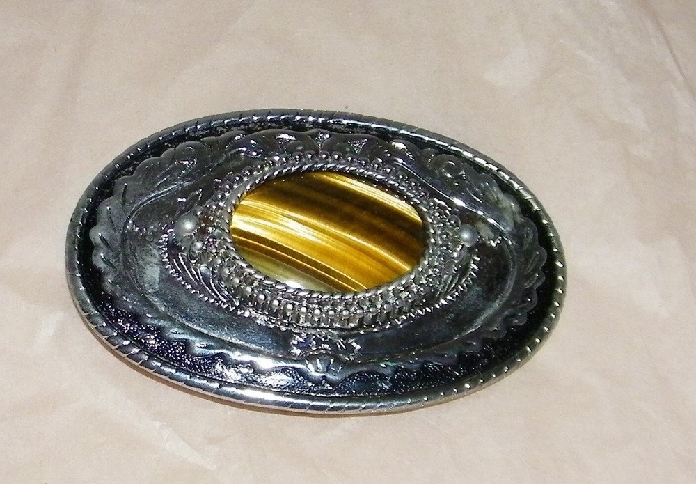 Vintage TIGER EYE Gemstone BELT BUCKLE Polished Stone linlay WESTERN Cowboy