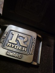Vintage Ryder Truck Safe driver brass belt buckle Jostens 3&Prime; x 2&Prime; in box