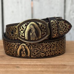 Genuine Laser Cut Leather Virgen Western Belt with Removable Buckle – Gold