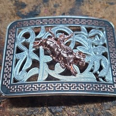 Western Metal Belt Buckle Bull Rider Scroll Engraved Silver Copper Tone 1.5in